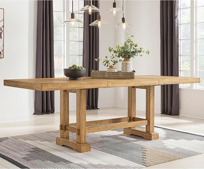 Signature Design by Ashley Havonplane Rustic Distressed Counter Height Dining Extension Table with Removable Center Leaf and Double Trestle Base, Light Brown