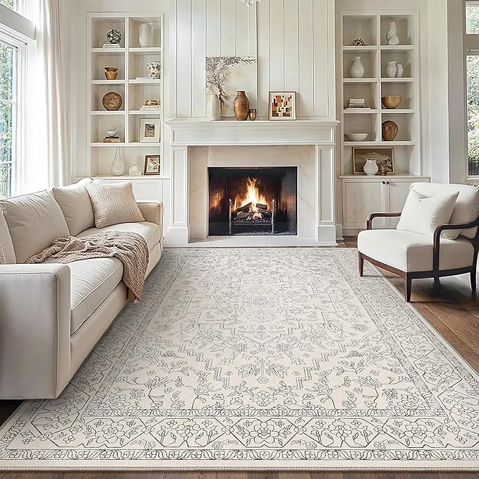 GENIMO 10x14 Area Rugs for Living Room, Machine Washable Non Slip Vintage Rugs, Low Pile Lightweight Chenille Print Rug for Bedroom, Dining Room, Home Office, Beige Line