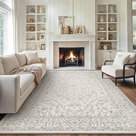 GENIMO 10x14 Area Rugs for Living Room, Machine Washable Non Slip Vintage Rugs, Low Pile Lightweight Chenille Print Rug for Bedroom, Dining Room, Home Office, Beige Line