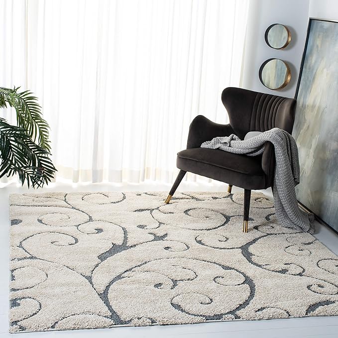 SAFAVIEH Florida Shag Collection Area Rug - 4' Square, Beige & Blue Grey, Scroll Design, Non-Shedding & Easy Care, 1.2-inch Thick Ideal for High Traffic Areas in Living Room, Bedroom (SG455-1155)