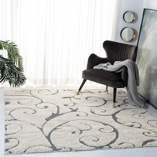 SAFAVIEH Florida Shag Collection Area Rug - 8' Square, Beige & Blue Grey, Scroll Design, Non-Shedding & Easy Care, 1.2-inch Thick Ideal for High Traffic Areas in Living Room, Bedroom (SG455-1155)