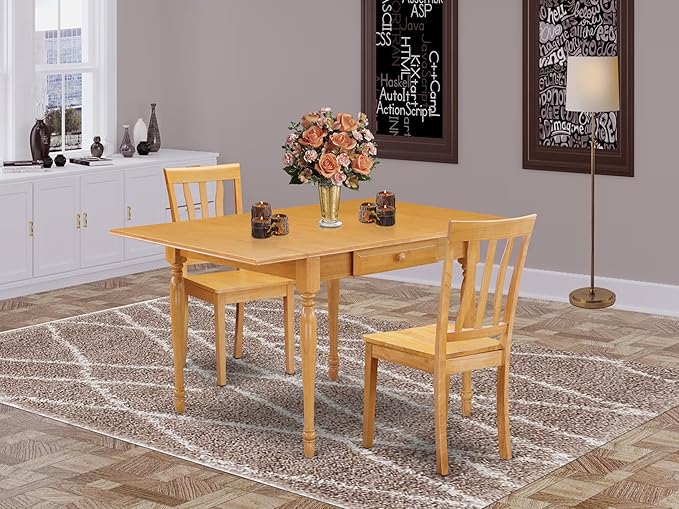 East West Furniture MZAN3-OAK-W 3 Piece Dining Table Set for Small Spaces Contains a Rectangle Dining Room Table with Dropleaf and 2 Wood Seat Chairs, 36x54 Inch, Oak