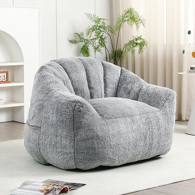 Furniliving Bean Bag Chair, Giant Bean Bag Chair Stuffed Floor Sofa for Adults Comfy Bean Bag Sofa with Back Support, Oversized Bean Bag Couch for Living Room Bedroom Office, Faux Leather, Dark Grey