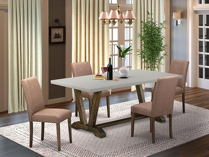 East West Furniture V797AB747-5 5 Piece Modern Dining Table Set Includes a Rectangle Wooden Table with V-Legs and 4 Light Sable Linen Fabric Parsons Dining Chairs, 40x72 Inch, Multi-Color