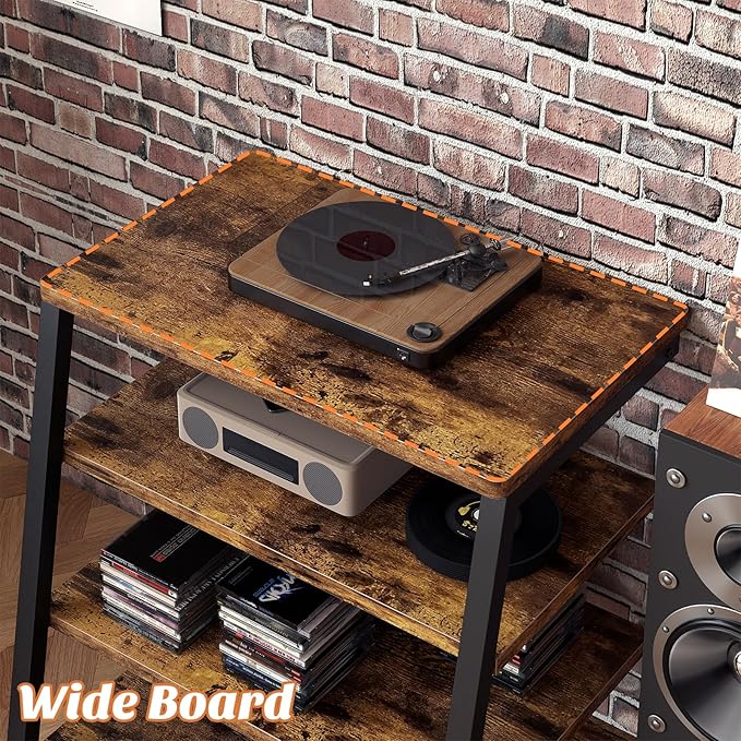 AV Media Stand with Outlets, Media Console with LED Lights, Stereo Racks and Stands with Storage Shelves, Media Audio Tower Cabinet, Rustic Brown