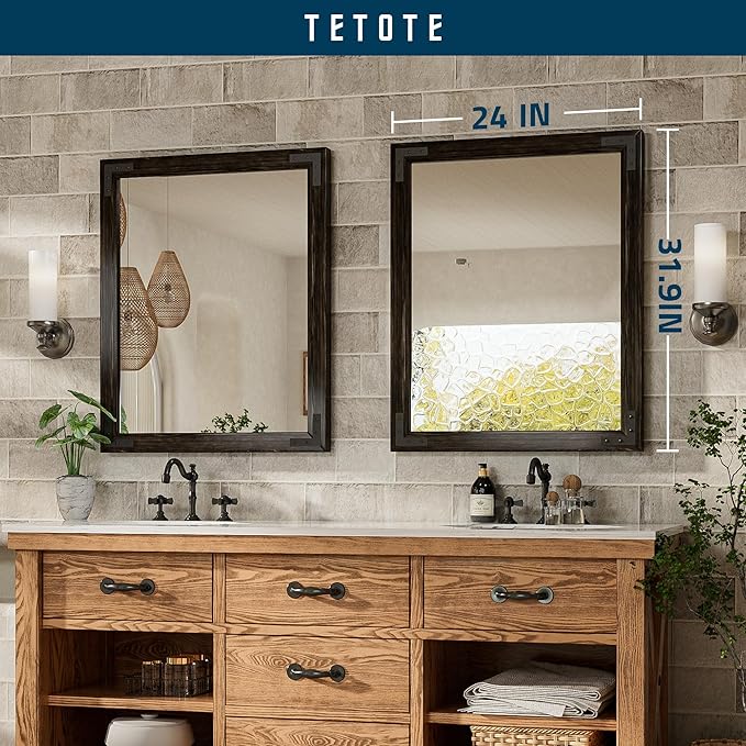 TETOTE 24 x 32 Black Wood Framed Mirror for Bathroom Wall/Bedroom/Living Room/Entryway Farmhouse Rustic Bathroom Vanity Mirror Waterproof (Horizontal/Vertical Mounted)