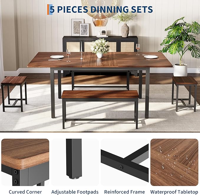 GarveeHome 5-Piece Dining Table Set for 4-8 People, 63" Large Extendable Kitchen Table Set with 2 Benches and 2 Square Stools, Modern Dining Room Furniture Sets, Easy Assembly, Espresso