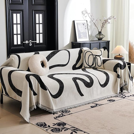 MYSKY HOME Boho Couch Cover Super Soft Couch Covers for 2-3 Cushion Couch Sofa, Modern Black Jacquard Sofa Slipcover Loveseat Futon Cover, Couch Covers for Sectional Sofa, 71" x 118", Black Curve