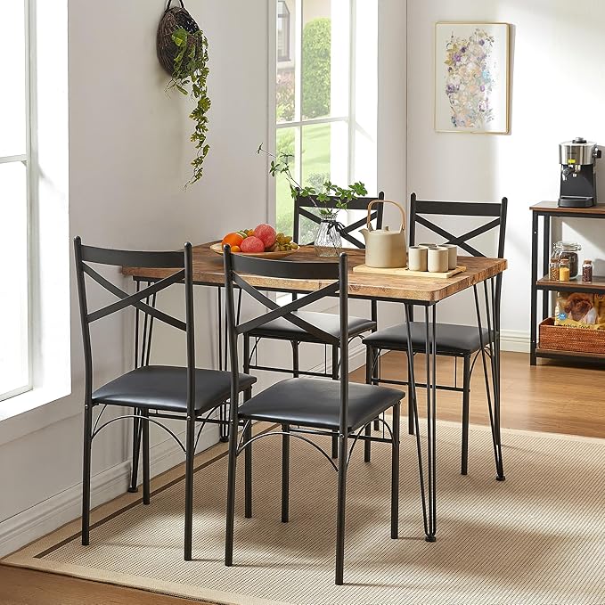 VECELO 5-Piece Dining Table Set for Home Kitchen Small Space Breakfast Nook, 4 Faux Leather Metal Frame Chairs, Retro Brown