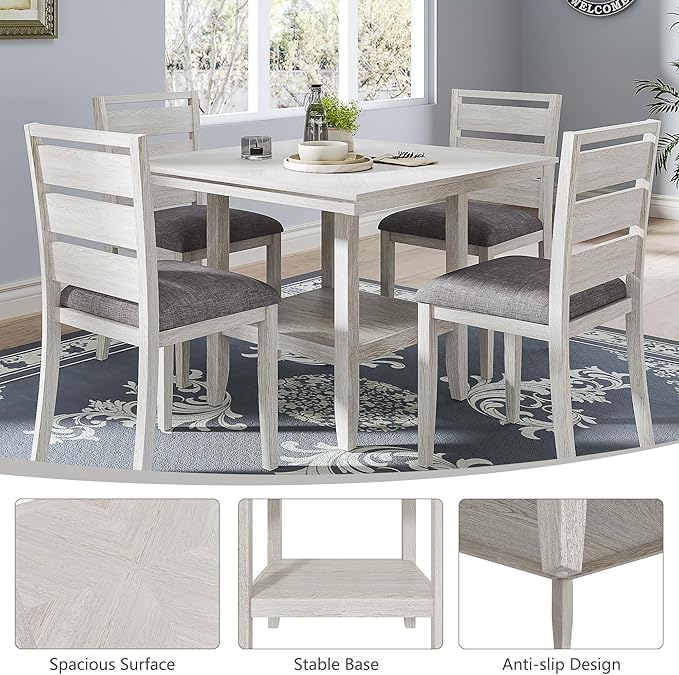 5-Piece Solid Wood Dining Table Set for 4, Modern Breakfast Dinette Kitchen Table with Bench & Chairs for Dining Room, Kitchen, Grey