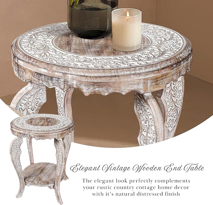 The Wooden Town Farmhouse Round Accent End Table,Rustic Side Table Nightstands for Living Room Bedroom,Coffee Tables,Wood Tray Top,Handcrafted Finish, 18"x22" - White Wash