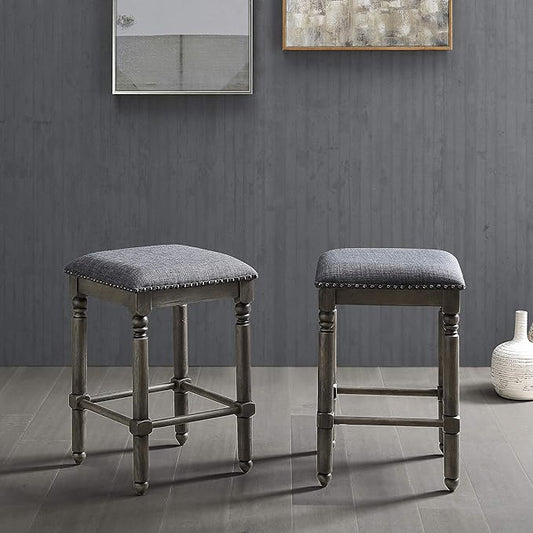 Roundhill Furniture Arnhem Wood Upholstered Counter Height Stools, Set of 2, Gray