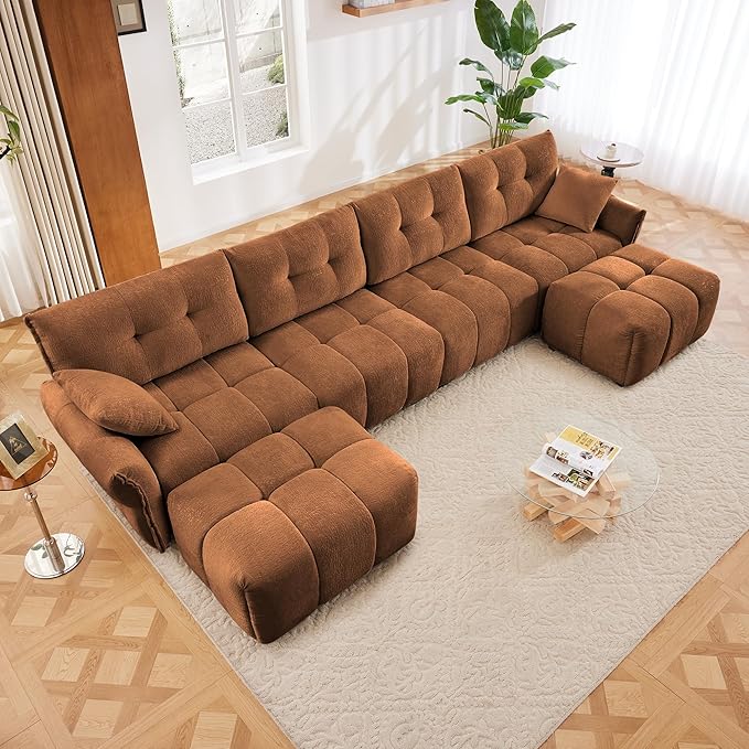 Modern Chenille Fabric 4-Seat Sofa w/Two Ottoman+2 Pillows, Premium Upholstery Living Room Couch with Tufted Backrest & Comfortable Armrests and High-Resilience Memory Foam Cushions,Orange