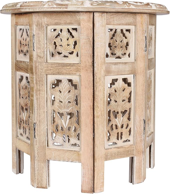 The Wooden Town Carved Wood Round End Table – 18" Accent Side Table for Living Room, White Washed Small Coffee Table, Handcrafted Altar Table, Solid Wood Design