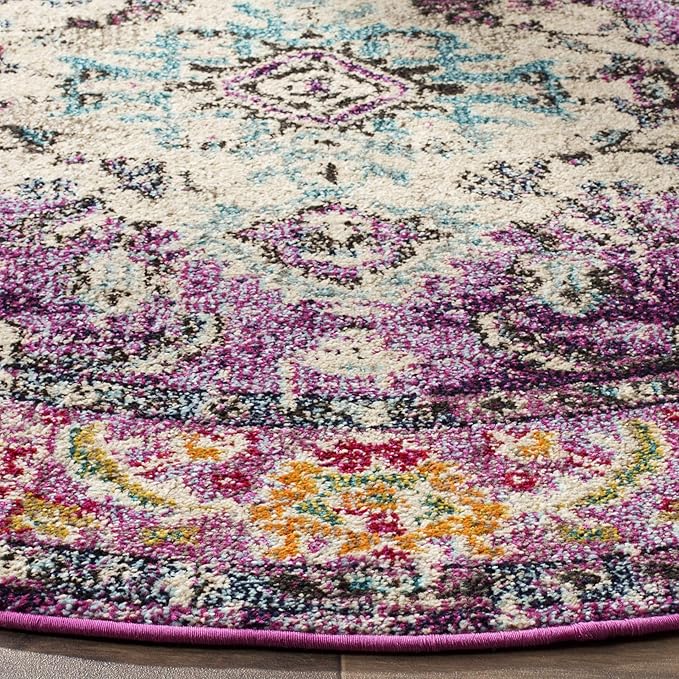 SAFAVIEH Monaco Collection Area Rug - 3' Round, Violet & Light Blue, Boho Chic Medallion Distressed Design, Non-Shedding & Easy Care, Ideal for High Traffic Areas in Living Room, Bedroom (MNC243L)