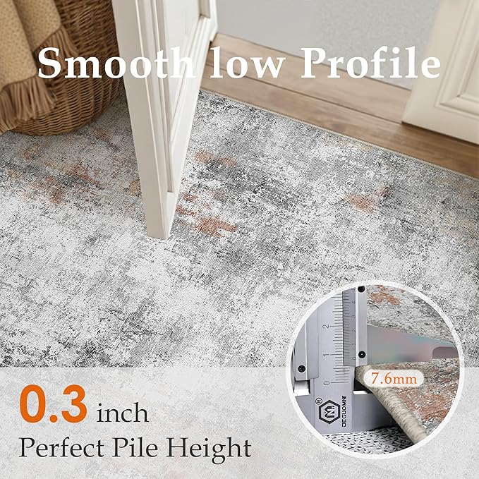 9x12 Washable Area Rug Grey Rust Modern Neutral Abstract Living Room Bedroom Indoor Floor Carpet Low Pile Soft Non-Slip Lightweight Vacuumable Large Throw Rug for Kitchen Dining Room