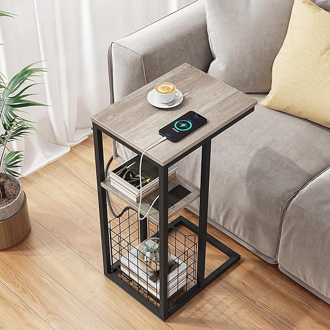 Vagusicc C Shaped End Table with Charging Station, Side Table for Couch, Small Side End Table for Small Spaces, 28" High Slide Under Sofa Table for Coffee, Tv Tray Table for Living Room, Greige