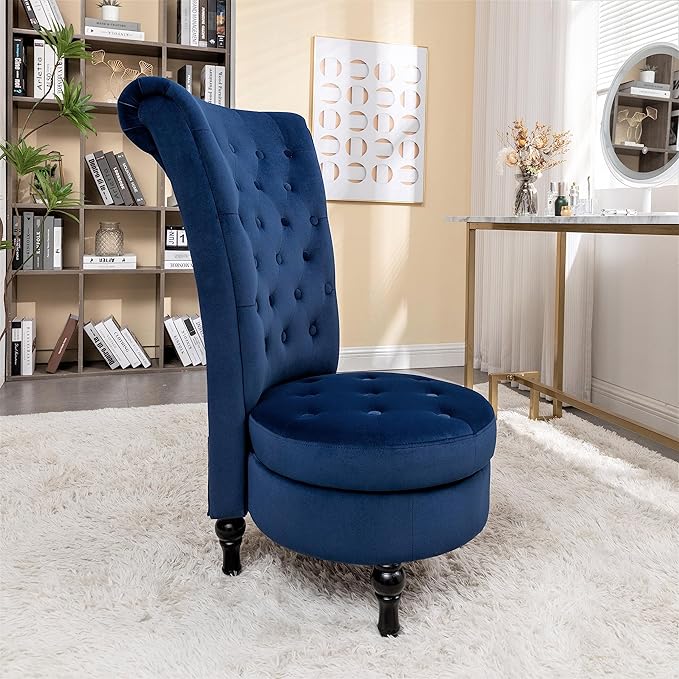 Container Furniture Direct Royal High-Back Velvet Accent Chair for Vanity with Storage and Luxurious Upholstery, Retro Design and Versatile Usage for Living Room, Bedroom, Lounge and Office, Dark Blue
