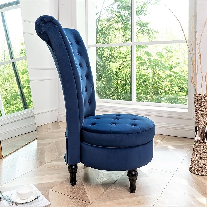 Container Furniture Direct Royal High-Back Velvet Accent Chair for Vanity with Storage and Luxurious Upholstery, Retro Design and Versatile Usage for Living Room, Bedroom, Lounge and Office, Dark Blue