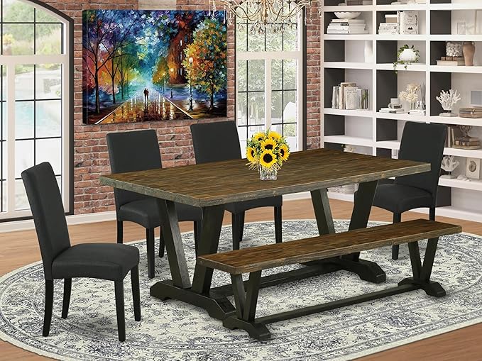East West Furniture V677DR124-6 6 Piece Dining Table Set Contains a Rectangle Wooden Table with V-Legs and 4 Black Color Linen Fabric Parson Chairs with a Bench, 40x72 Inch, Multi-Color