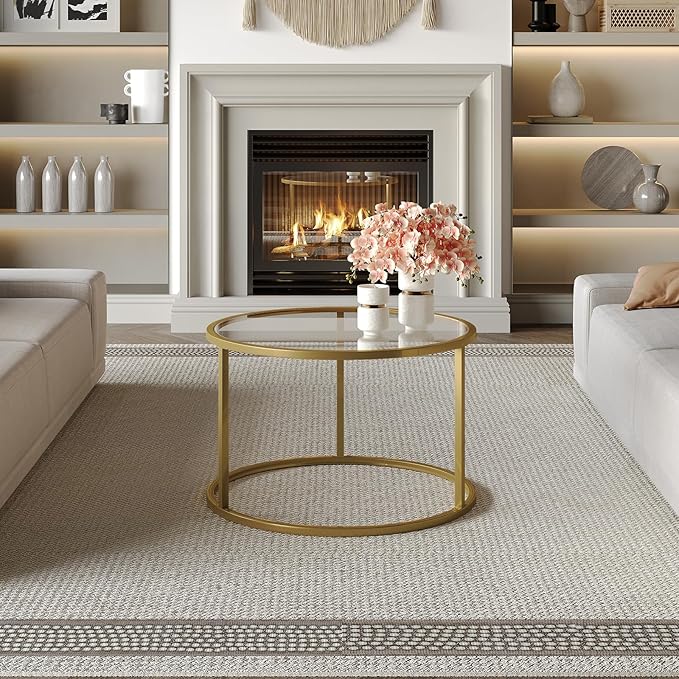 SAYGOER Small Glass Coffee Table Round Gold Coffee Table for Small Space Modern Simple Center Table with Gold Frame for Living Room Home Office, Easy Assembly