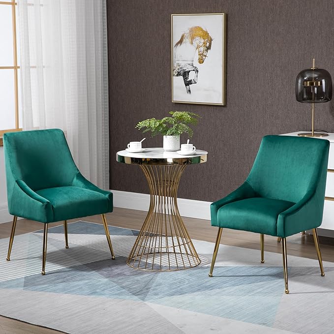 Modern Velvet Dining Chairs Set of 6, Contemporary Upholstered Furniture Collection with Polished Gold Metal Legs, Elegant Accent Chairs for Kitchen Living Room(Green)