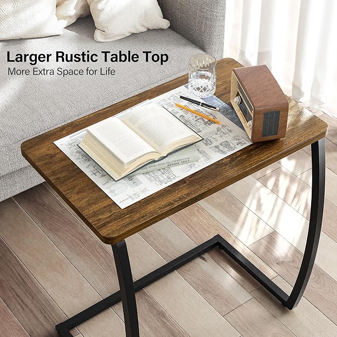 SRIWATANA Side Table, End Table, Vintage C-Shaped Couch Table for Sofa Laptop Coffee Snack, Walnut