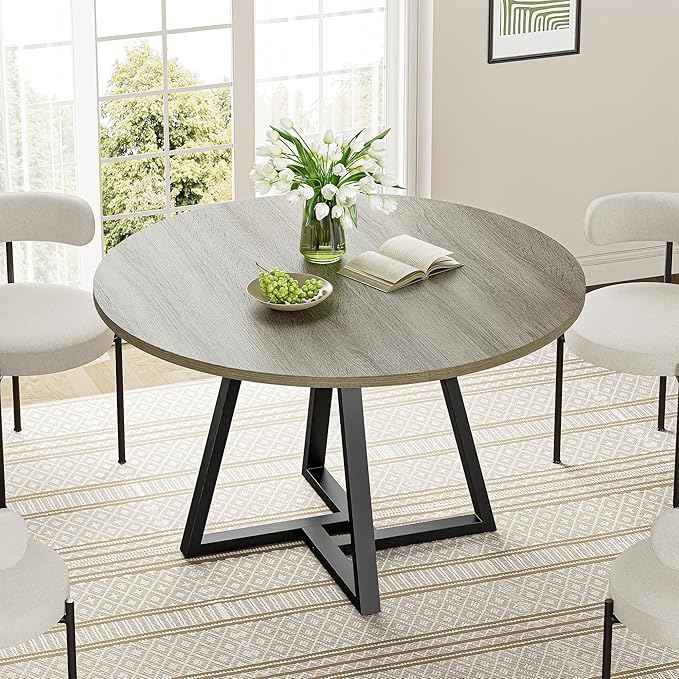IRONCK 43" Round Dining Table for 4, Wood Kitchen Table with Metal Base, Space Saving Industrial Circle Dinner Table for Kitchen Dining Room, Gray