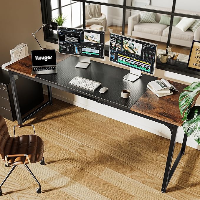 Huuger Computer Desk, 70 Inch Office Desk, Gaming Desk with Storage, Writing Desk Work Desk for Home Office, Study, Long Simple Desk, Large Legroom, Metal Frame, Rustic Brown and Black
