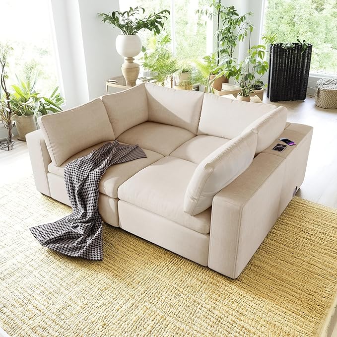 133.9 Inch Modular Convertible Sectional Sofa with Storage, USB Ports, Wireless Charging & Built-in Speaker in Arm, L-Shaped Upholstered Sleeper Couch for Living Room Office, Beige
