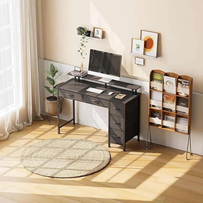 Computer Desk with 5 Drawers, Gaming Desk with LED Lights Power Outlets and Type-C, 39 Inch Office Desk with Storage, Monitor Stand, Writing Desk Work Table for Home Office, Small Spaces, Black