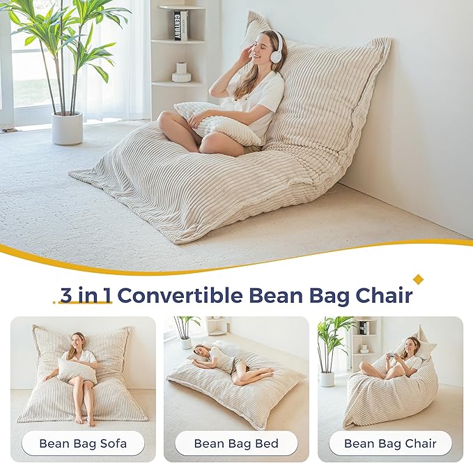 MAXYOYO Giant Bean Bag Chair with Pillow, 3 in 1 Convertible Bean Bag Chair for Adults with Washable Cover, Removable Floor Cushion Stuffed Floor Lounger for Living Room Bedroom, White, Full