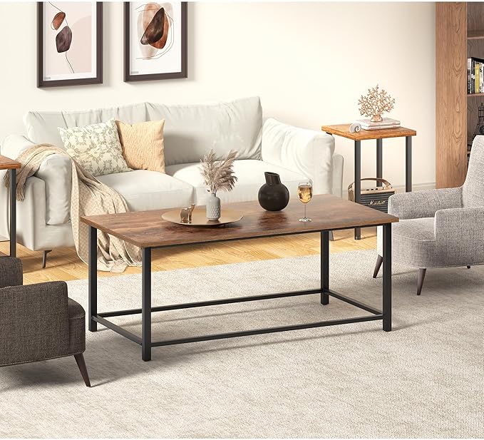 SENIG Coffee Table, Modern Industrial Style Rectangular Table, Brown Wood and Sturdy Metal Side End Table, Rustic Accent Functional Coffee Table for Living Room. 39.3 x 20 x 16