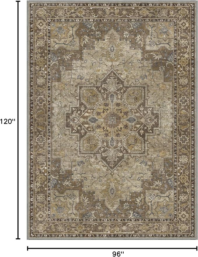 GENIMO 8x10 Area Rugs for Living Room, Machine Washable Non Slip Vintage Rugs, Low Pile Lightweight Chenille Print Rug for Bedroom, Dining Room, Home Office, Rustic Brown