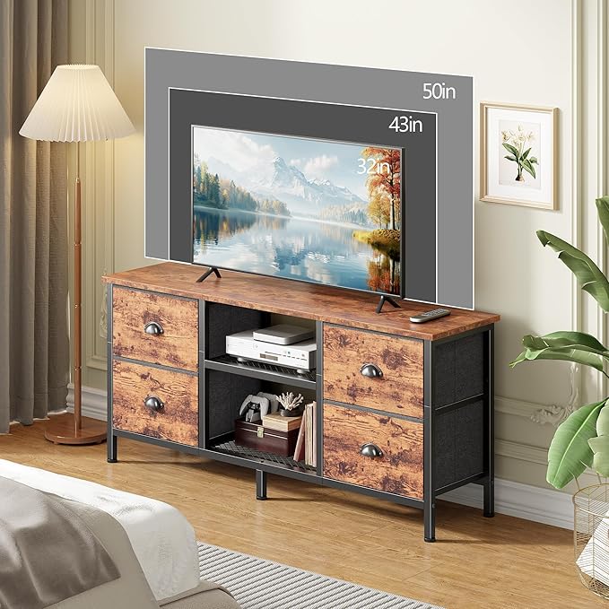 Furologee TV Stand with 4 Drawers, 43 Inch Entertainment Center with Open Shelves, Media Console Table for 50" TV, Television Stand for Bedroom, Living Room/Rustic Brown