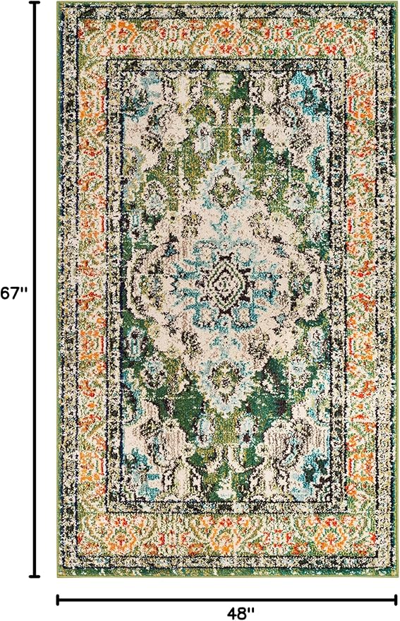 SAFAVIEH Monaco Collection Accent Rug - 4' x 5'7", Forest Green & Light Blue, Boho Medallion Design, Non-Shedding & Easy Care, Ideal for High Traffic Areas in Entryway, Living Room, Bedroom (MNC243F)