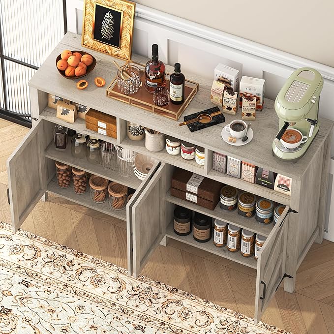 Buffet Cabinet with Storage Farmhouse with 4 Doors, 55'' Large Kitchen Storage Cabinet Wood Coffee Bar Buffet Sideboard for Kitchen, Dining Room, Entryway