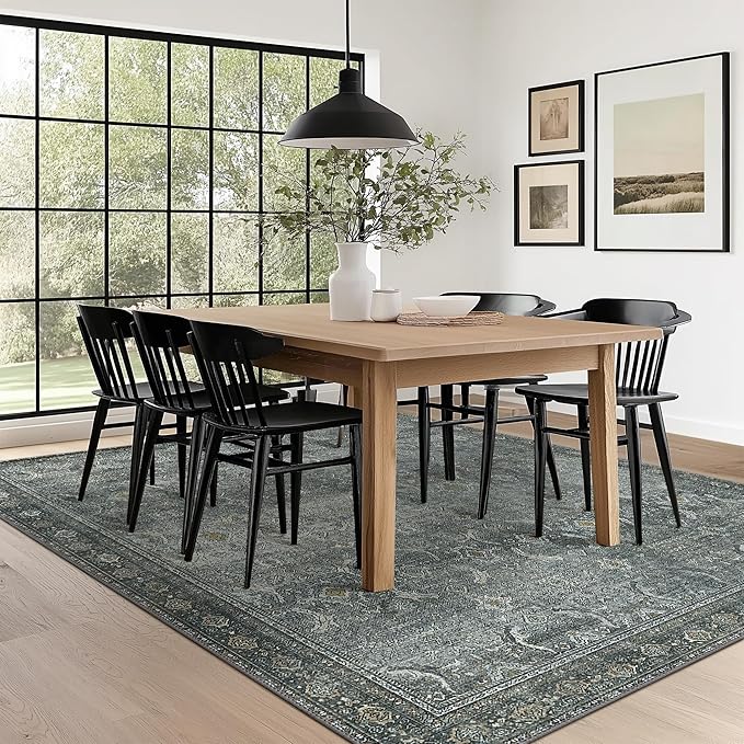 8X10 Area Rugs Machine Washable Rugs for Living Room, Vintage Boho Large Rugs for Bedroom Dining Room, Non Slip Indoor Soft Distressed Lightweight Thin Low Pile Carpet, Slate Grey