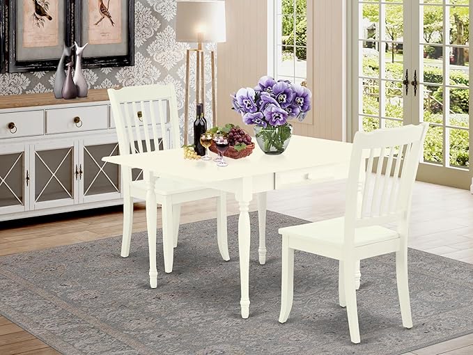 East West Furniture MZDA3-LWH-W 3 Piece Dining Room Furniture Set Contains a Rectangle Kitchen Table with Dropleaf and 2 Dining Chairs, 36x54 Inch, Linen White