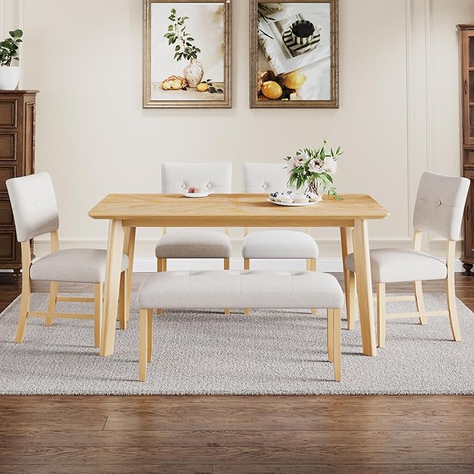 Merax 6 Piece Solid Wood Dining Table Set for 6, Rustic Farmhouse Rectangular with 4 Upholstered Wooden Chairs and 1 Bench, Kitchen Room, Natural Wood Wash