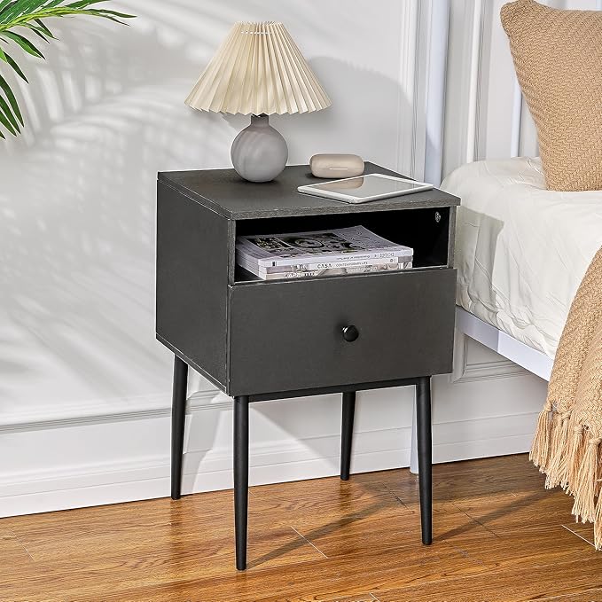 VECELO 2-Tier Nightstands Bedside Table with Storage Drawer and Open Wood Shelf, End Table for Living Room, Bedroom and Small Spaces, Night Stand with Metal Legs, Easy Assembly