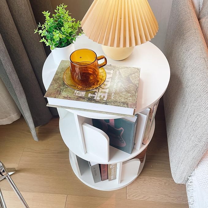 Heehee Wooden Rotating Bookshelf 360 Display Floor Standing Bookcase Storage Rack for Kids&Adults Multi-Functional Bookshelf Organizer (White (2-Tier))