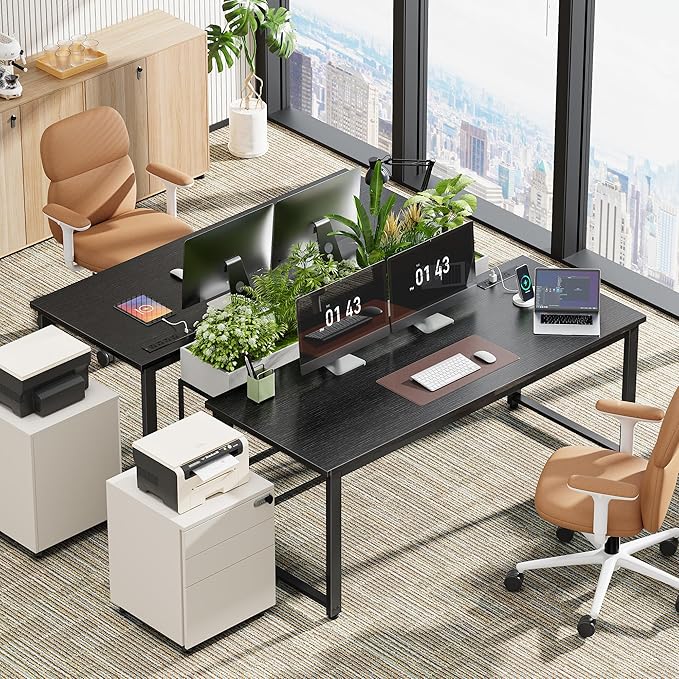 Huuger 55 x 24 inch Desk with Power Outlets & USB-C, Deeper & Thicker Desktop, Robust Metal Tubes, Computer Desk, Heavy Duty Office Desk, Work Gaming Desk for Home Office, Black