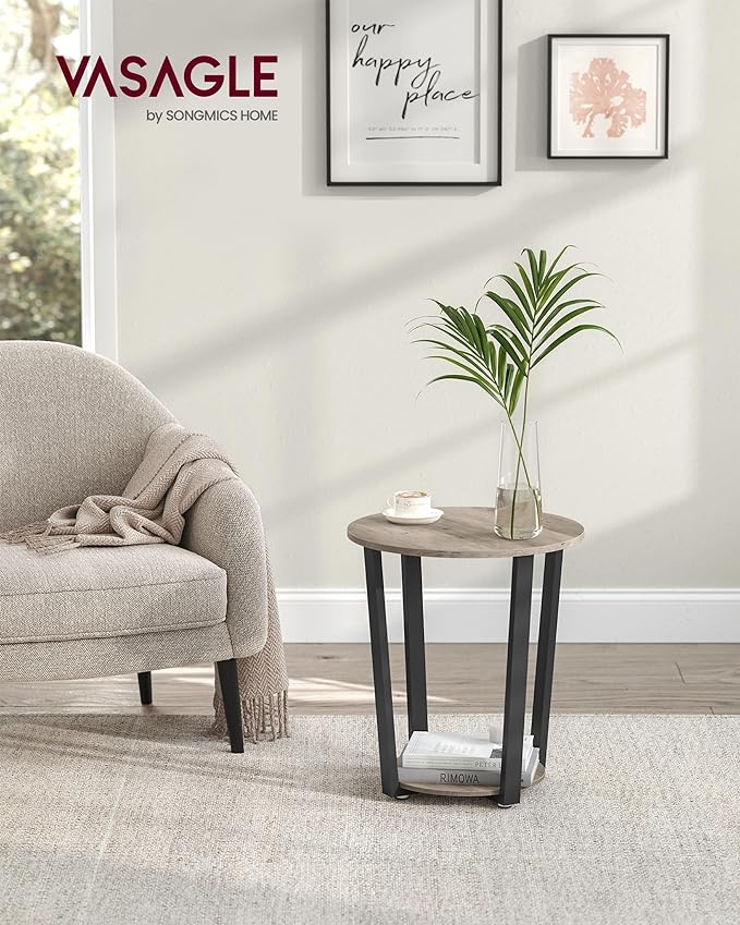 VASAGLE End Table, Round Side Table with Storage Shelf, Easy Assembly, Industrial Accent Furniture with Steel Frame, Heather Greige and Black ULET057B02