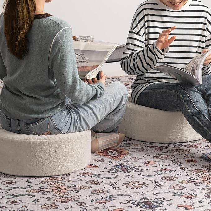 Pouf Ottoman Foot Rest Stool, Double Layer Round Modern Foam Filled Foot Stool for Couch, Living Room, Bedroom (Beige)