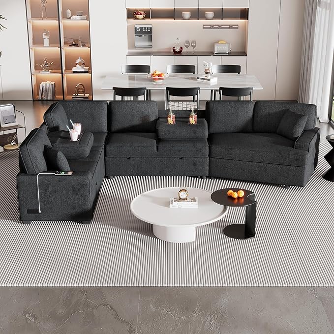 126" Extra Large Pull-Out Sofa Bed with Drop-Down Cup Holder Tables,L-Shaped Sectional Couch W/Charging Device,Convenient Sleeper Furniture Set for LivingRoom Apartment,Beige Chenille