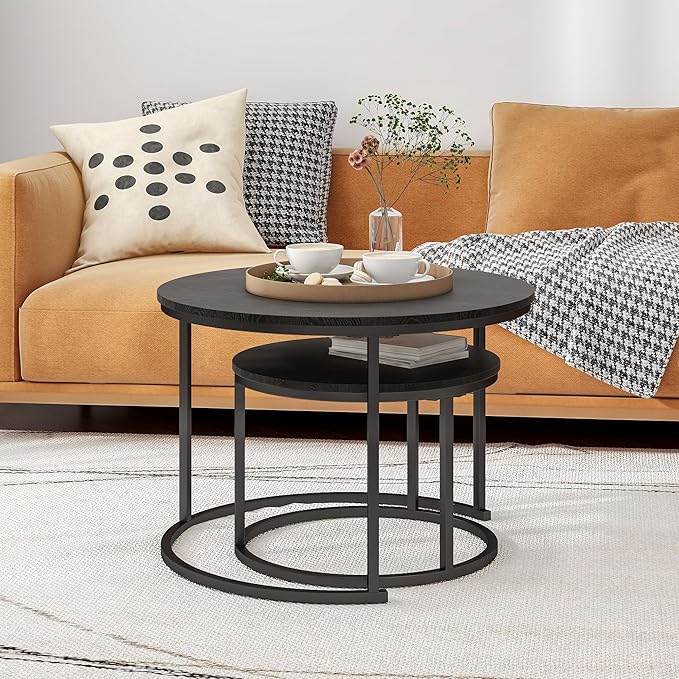 Round Coffee Table Set of 2 End Tables for Living Room,Black Coffee Table Nesting Tables,Living Room Table Wooden Accent Furniture Metal Frame,Sturdy Stacking Side Tables,Easy Assembly