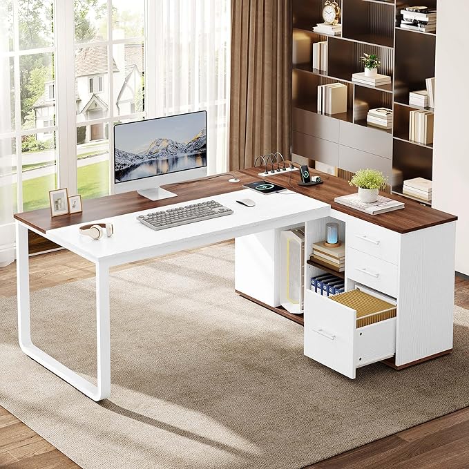 YITAHOME Executive Desk with Power Outlets, 71" L Shaped Desk with File Cabinet, Executive Desk with Drawers & Storage Shelves, Corner Office Desk with Bookshelf for Home Office, Walnut & White