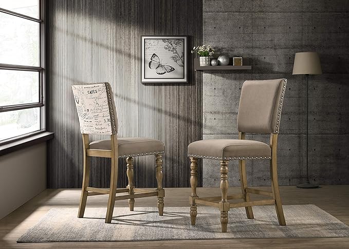 Roundhill Furniture Birmingham Script Printed Driftwood Finish Counter Height Dining Chair with Nail Head, Set of 2