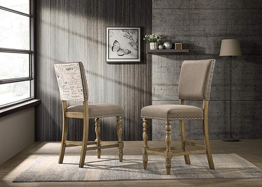 Roundhill Furniture Birmingham Script Printed Driftwood Finish Counter Height Dining Chair with Nail Head, Set of 2